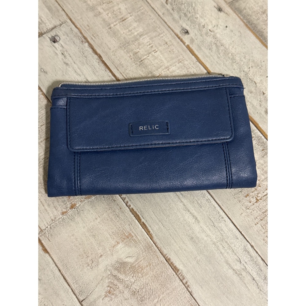 Relic Navy Blue Faux Leather Tri-Fold Checkbook Wallet with Polka Dot Lining